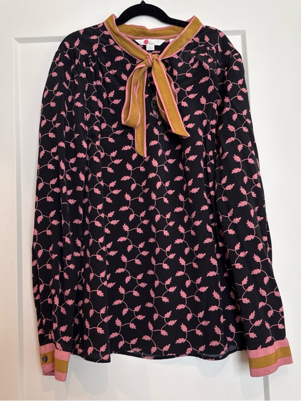 Boden Black Blouse with Pink Floral Print and Mustard Tie